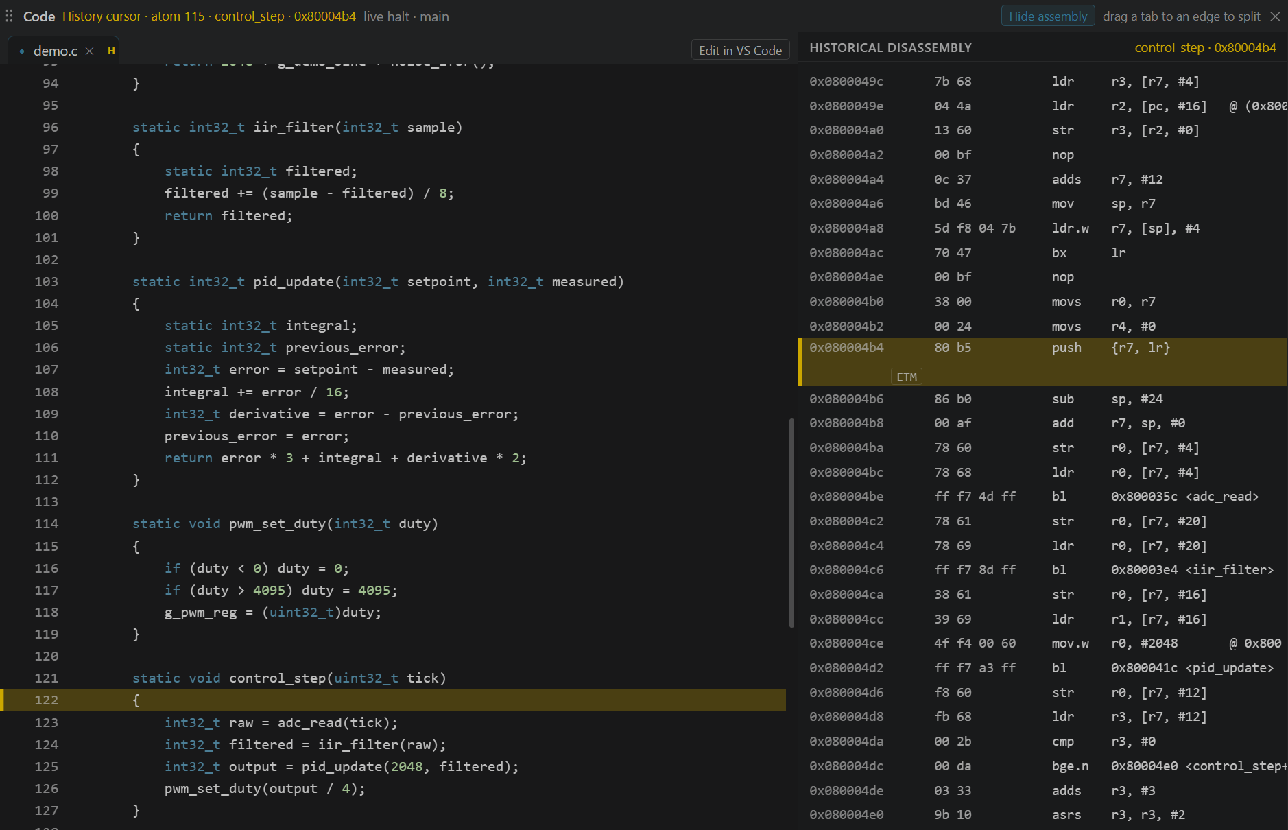 Historical source and ELF disassembly select control_step while the separate live halt remains in main.