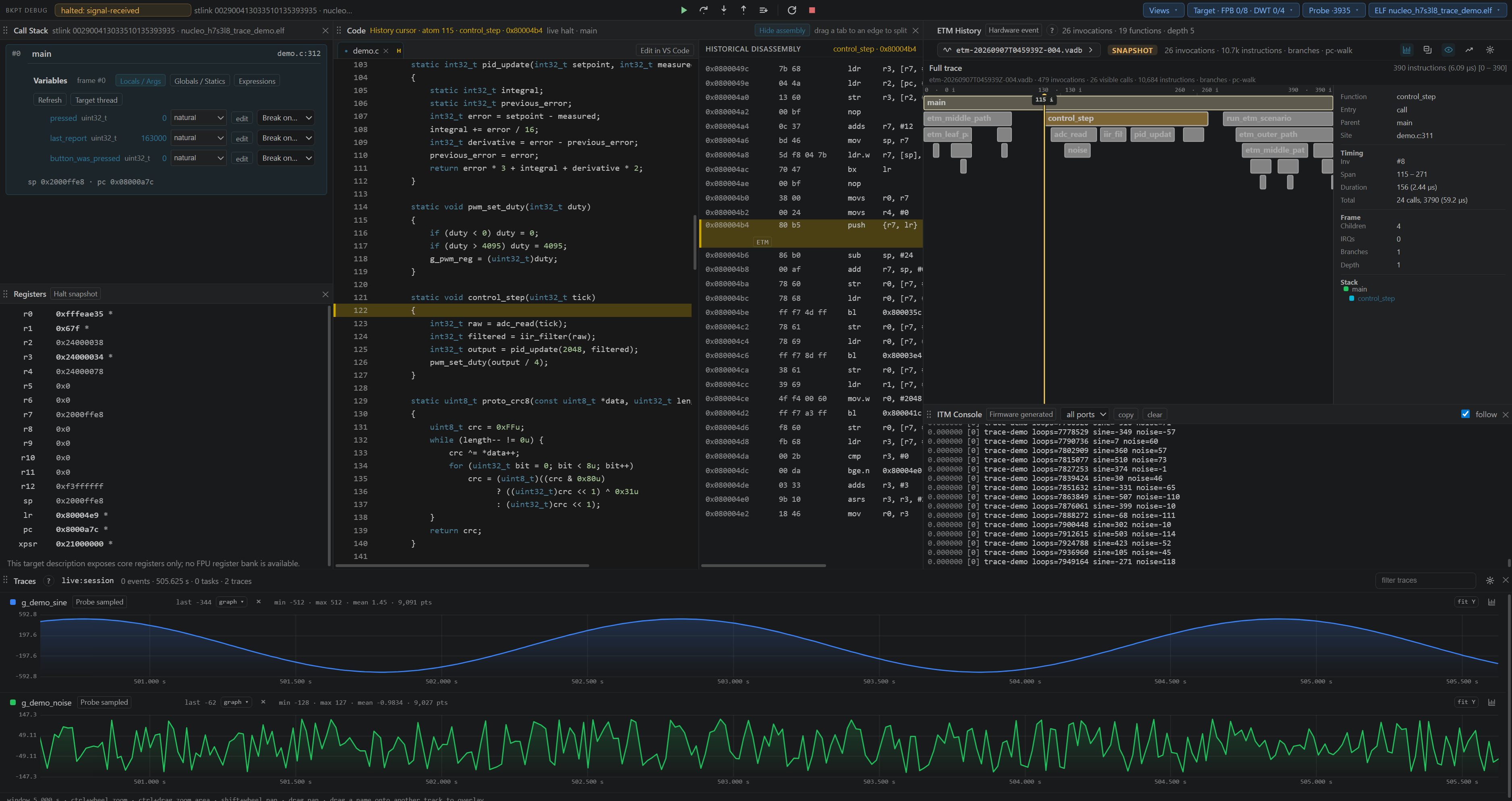 A real H7S capture: the history cursor selects earlier execution while Call Stack and Registers still describe the live halt.