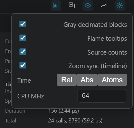 The ETM view-settings menu: display options, native instruction positions, and the clock override used for time conversion.