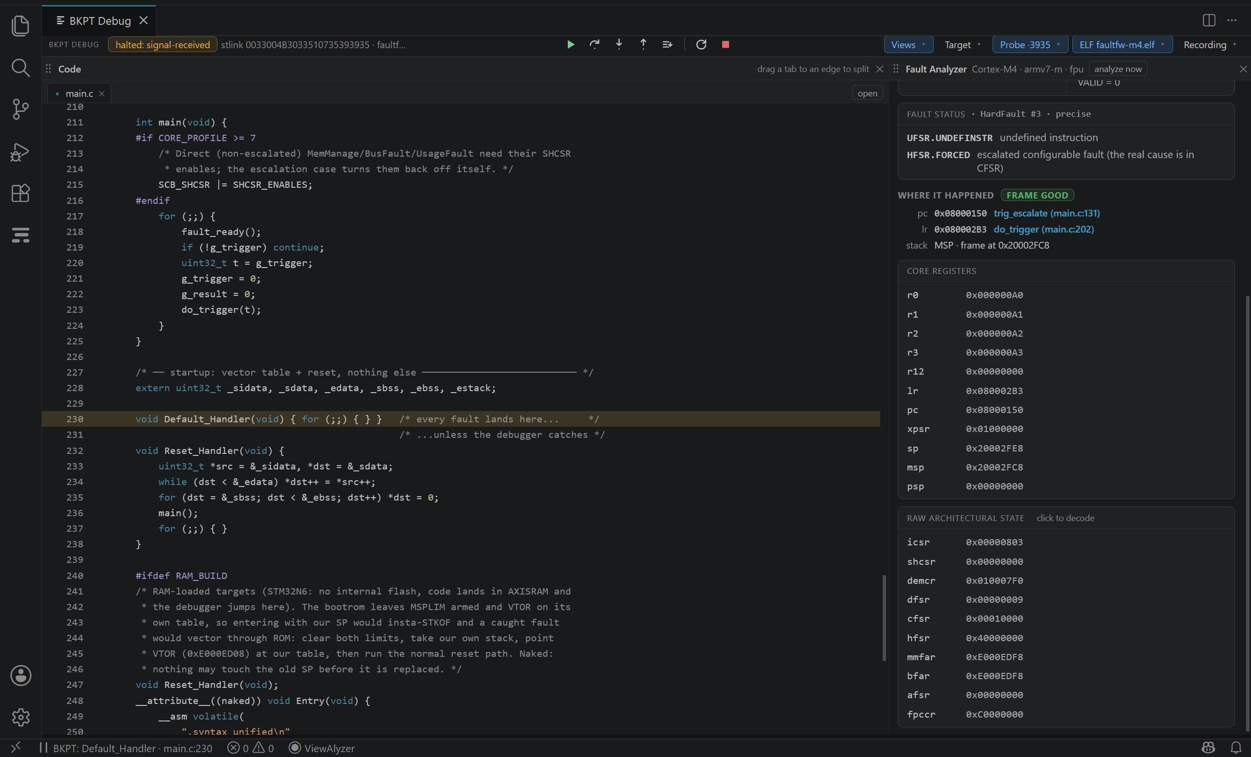 The same undefined instruction with the UsageFault handler disabled: caught as a HardFault, root cause "escalated UsageFault", the original cause still decoded.