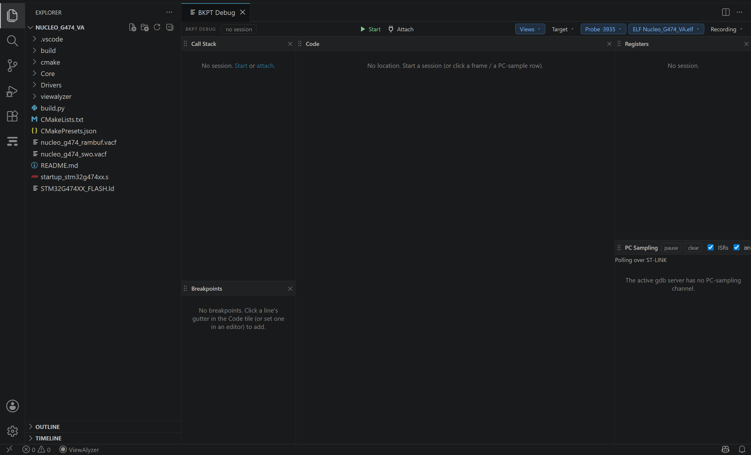 VS Code with the Debug Layout open and no session: the strip with Start, Attach, the Views, Target, Probe, ELF and Recording menus, and the empty tiles waiting for a session.