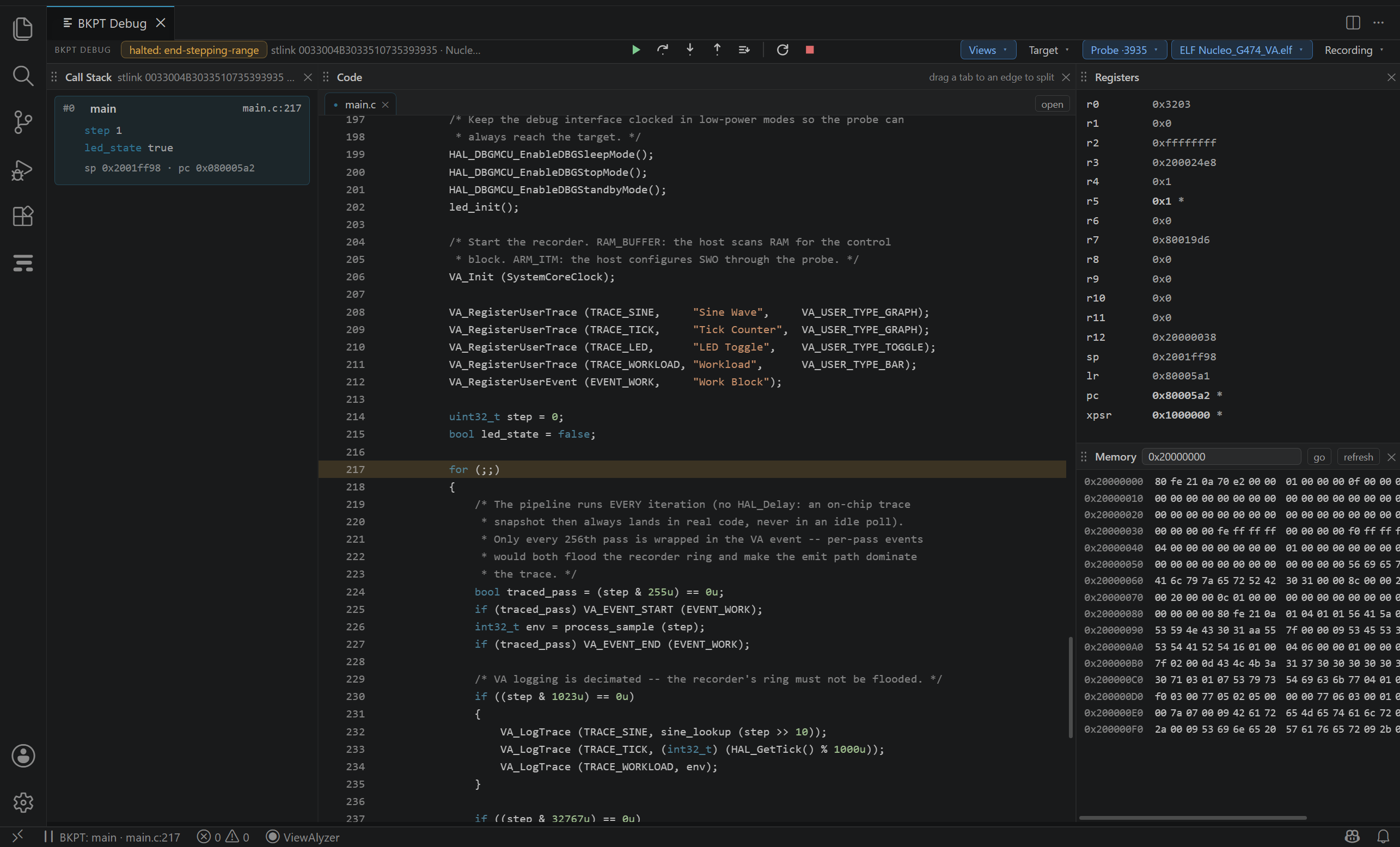 The Memory tile: 256 bytes at an address expression, hex and ASCII, re-read at every halt.
