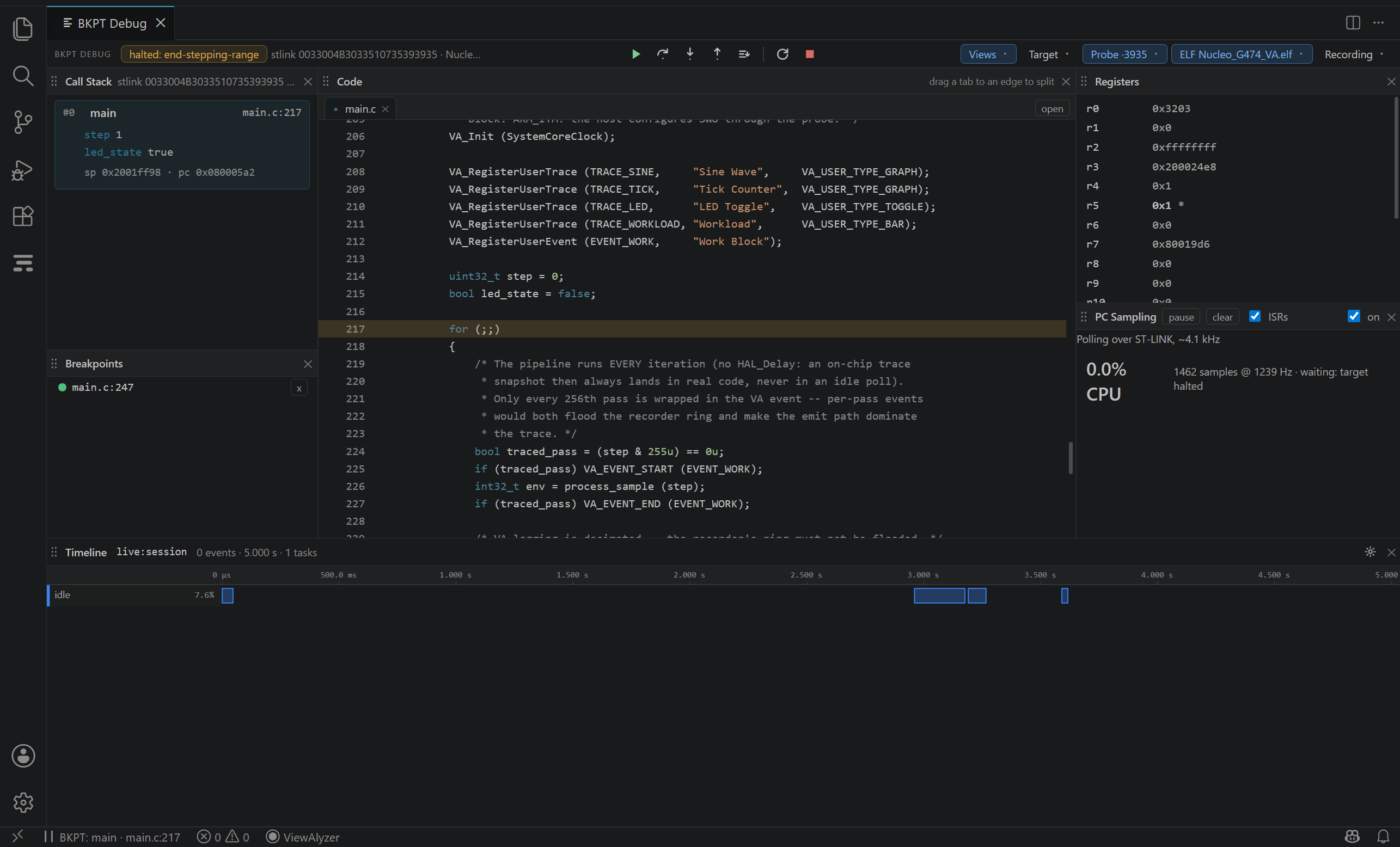 Two steps later: the Call Stack tile with the frame's locals, the Registers tile with the changed registers marked.