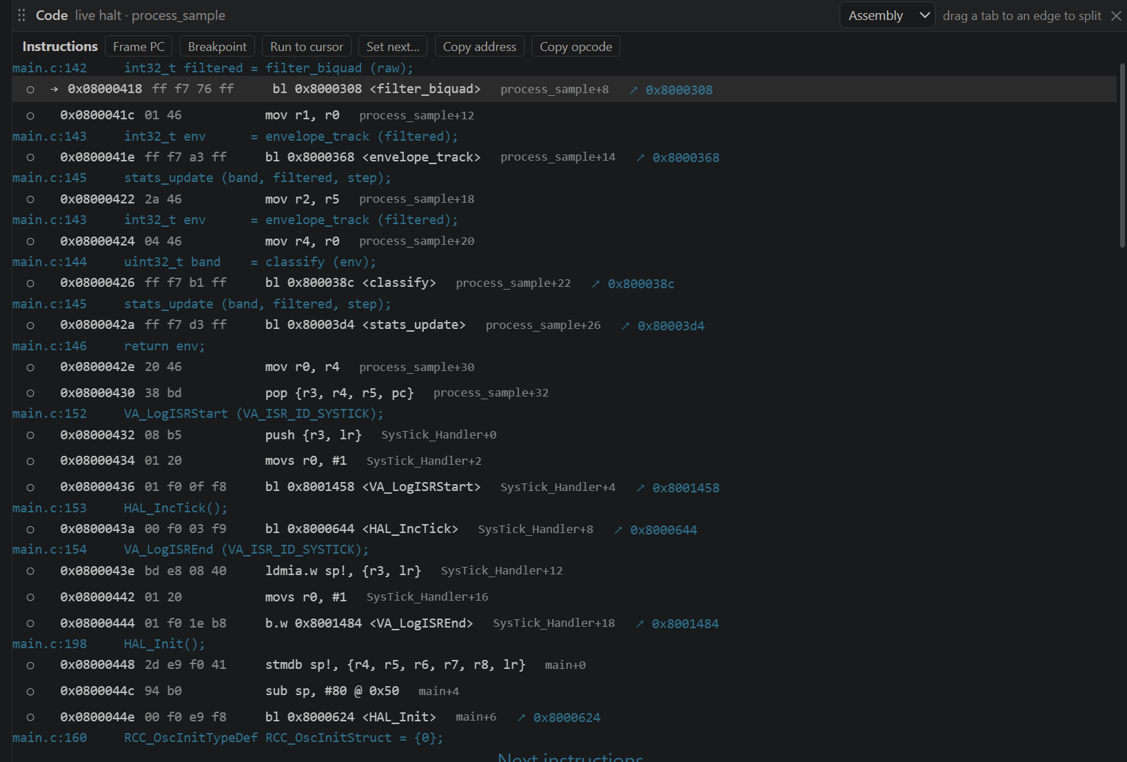 Assembly mode on the G474, showing instruction addresses, opcodes, branch links, and instruction controls.