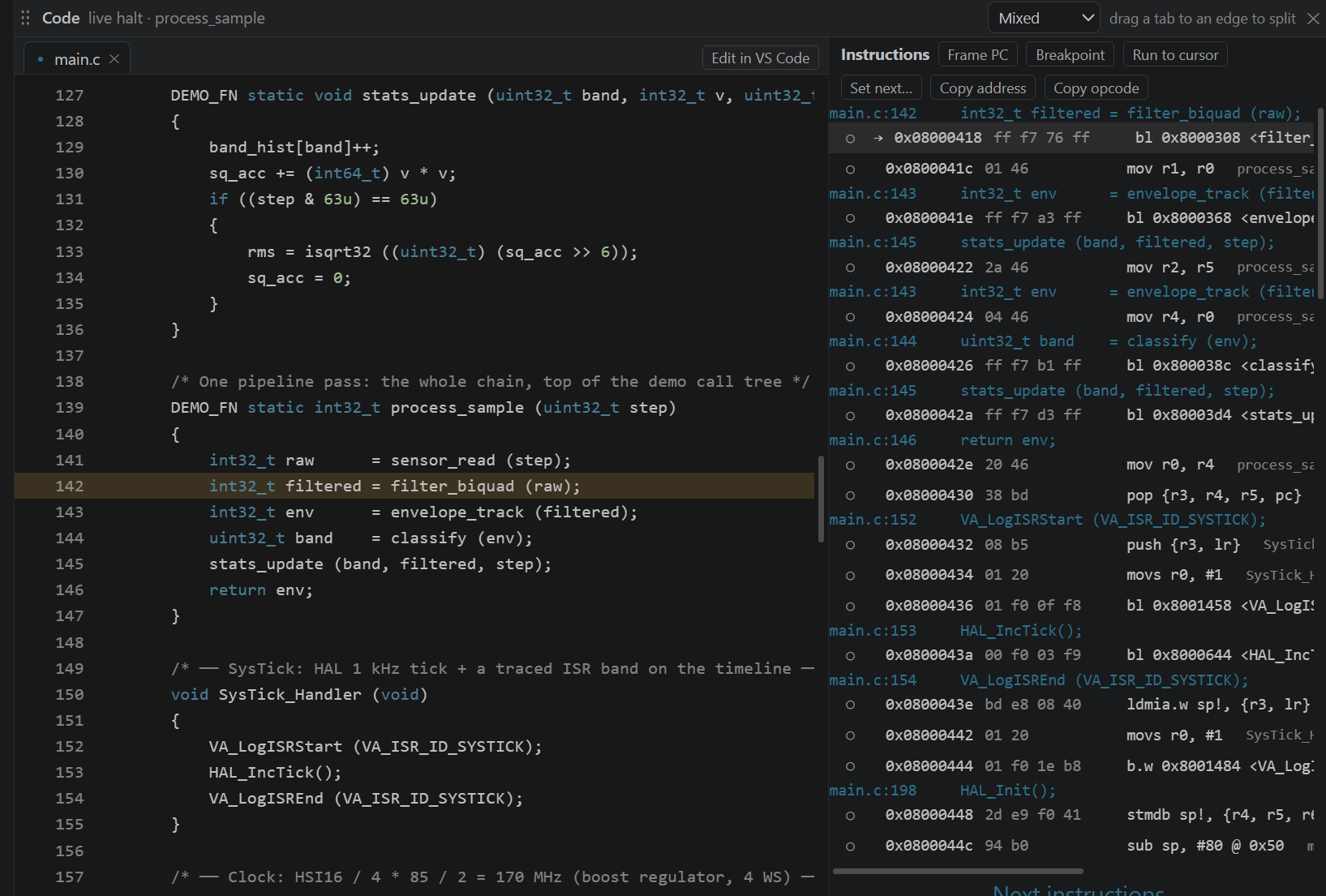 The Code tile in Mixed mode, with source beside the live instruction list and the selected frame PC marked by an arrow.