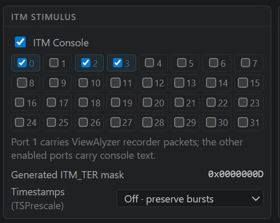 The Hardware Trace ITM stimulus card shows the Console switch, numbered ports, generated mask, and local timestamp setting.