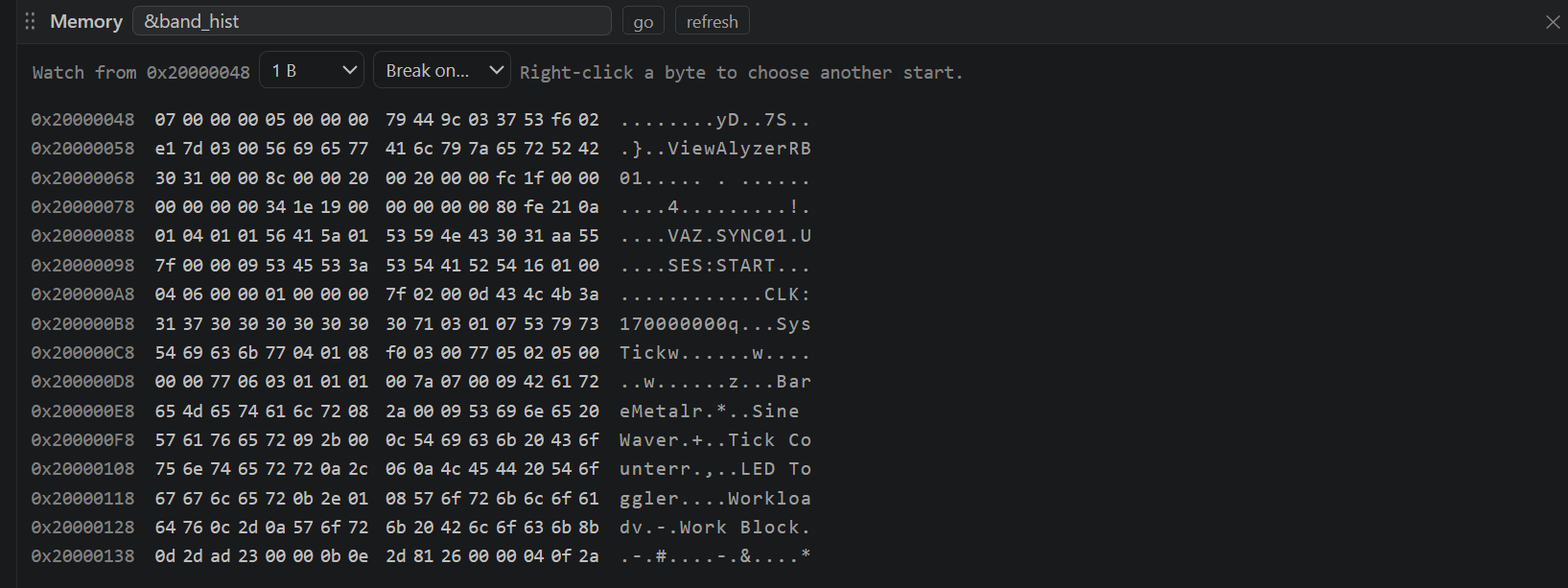 The Memory tile at an array address, with hex and ASCII bytes and the byte-size and Break on controls.