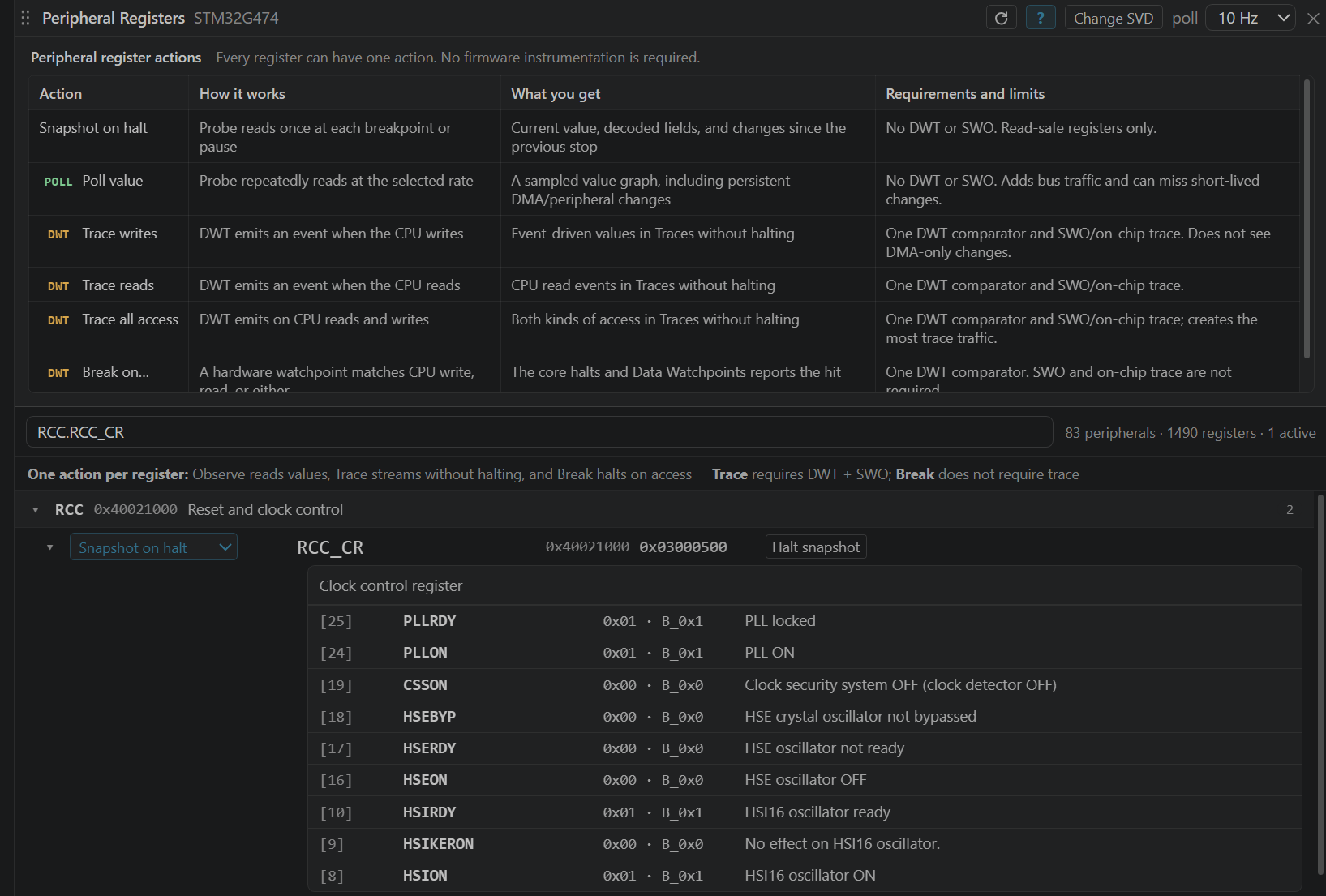 The built-in action guide compares halt snapshots, probe polling, streamed DWT trace and DWT break actions.