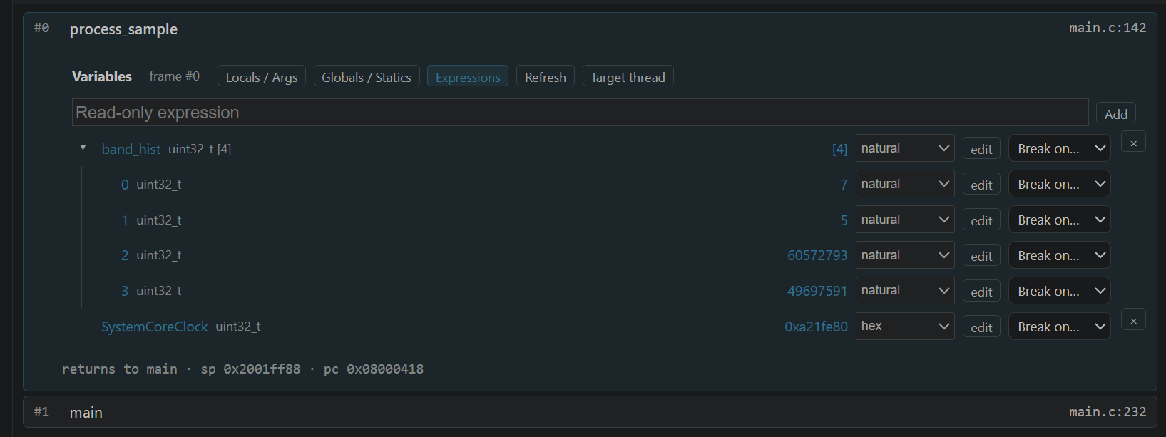 An array expanded into its individual elements beside saved expression values.