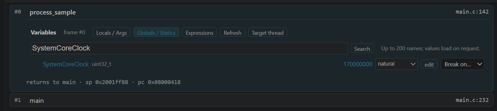 A filtered global search reads SystemCoreClock on demand rather than scanning all global values.