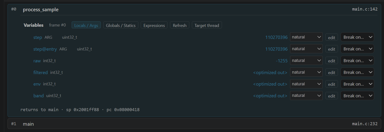 A halted G474 function with its argument and local values in the Variables section of Call Stack.