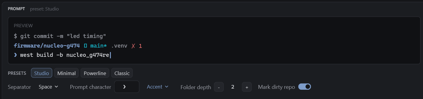 The prompt preview with the Studio preset selected and the separator, prompt character, folder depth and dirty-repo controls below it