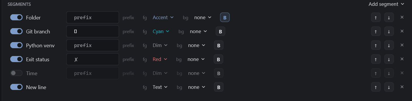 The segment list of the Studio preset: Folder, Git branch, Python venv, Exit status, Time (off) and New line, each with prefix, colour, bold and ordering controls