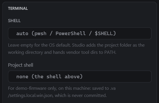 The Shell section: the app-wide shell field showing the automatic choice, and the Project shell field for the open project