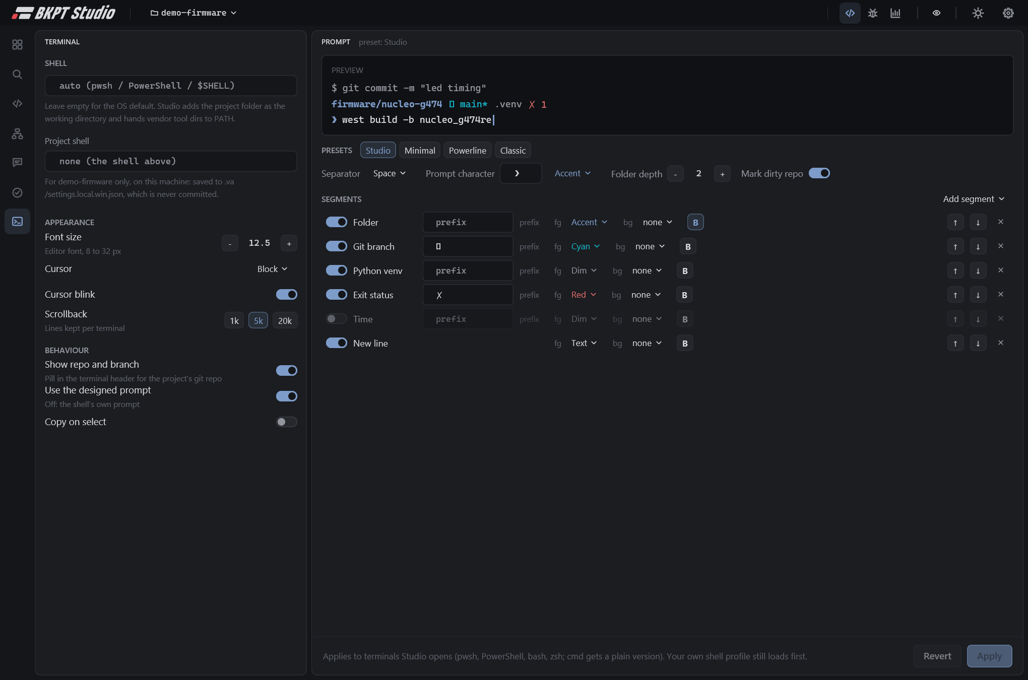 The Terminal view in BKPT Studio: terminal settings on the left, the prompt designer with its live preview, presets and segment list on the right