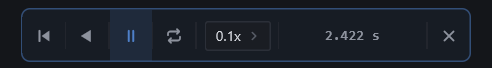 The replay controls: restart, reverse, play or pause, loop, speed, the cursor time, and exit.