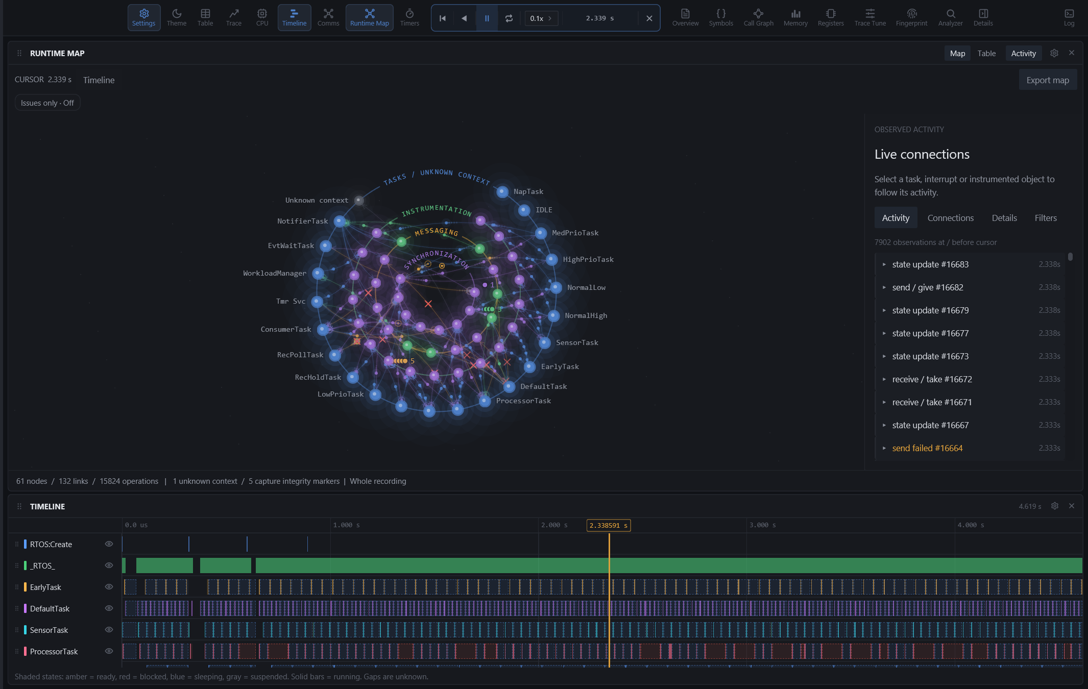 Replay running at 0.1x: the map, the Timeline cursor and the readout in the top bar move together.