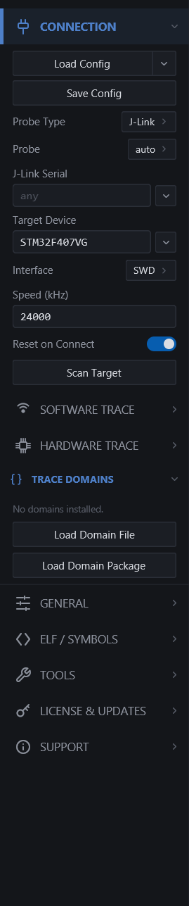 The sidebar: Connection open, the Trace Domains section with its installed domains, the other sections collapsed.