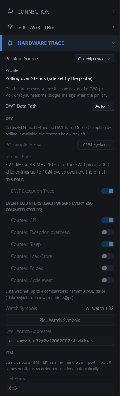 The same section with a Cortex-M0+ part selected: the Profile line says polling, the M0+ note says why, and every SWO and DWT control is greyed out.