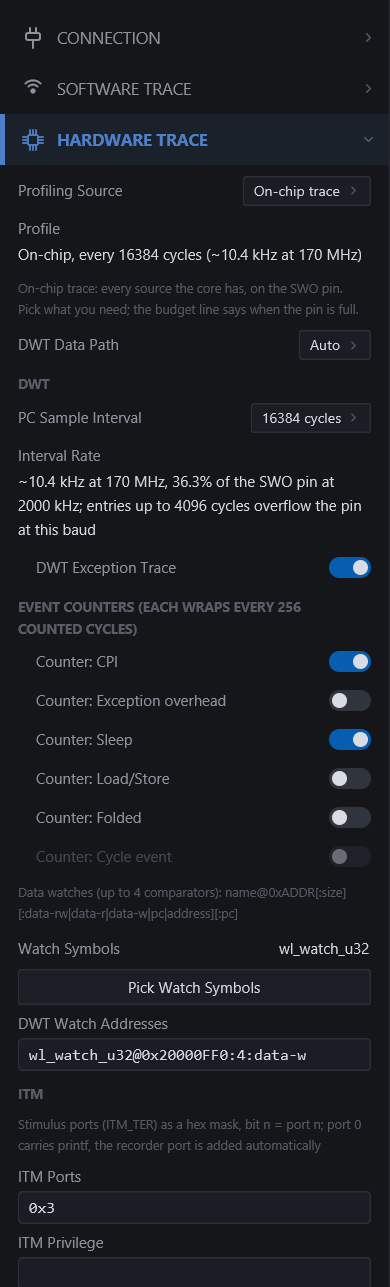 The same section set to On-chip trace: the DWT, event-counter, data-watch, ITM and trace-port controls appear, each with its budget line.