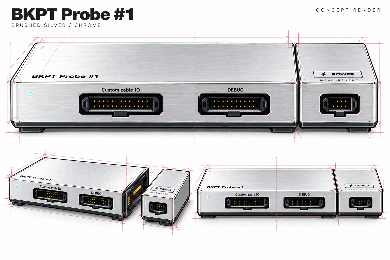 BKPT Probe #1 silver industrial design study with customizable I/O, debug, and a detachable power measurement module