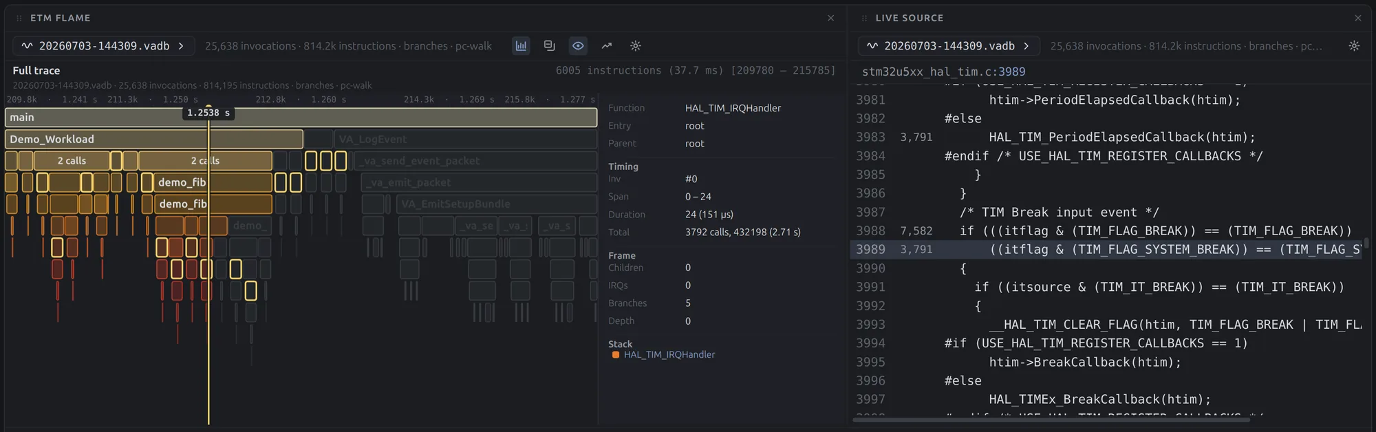 ETM flame graph beside the matching source lines from the recorded run
