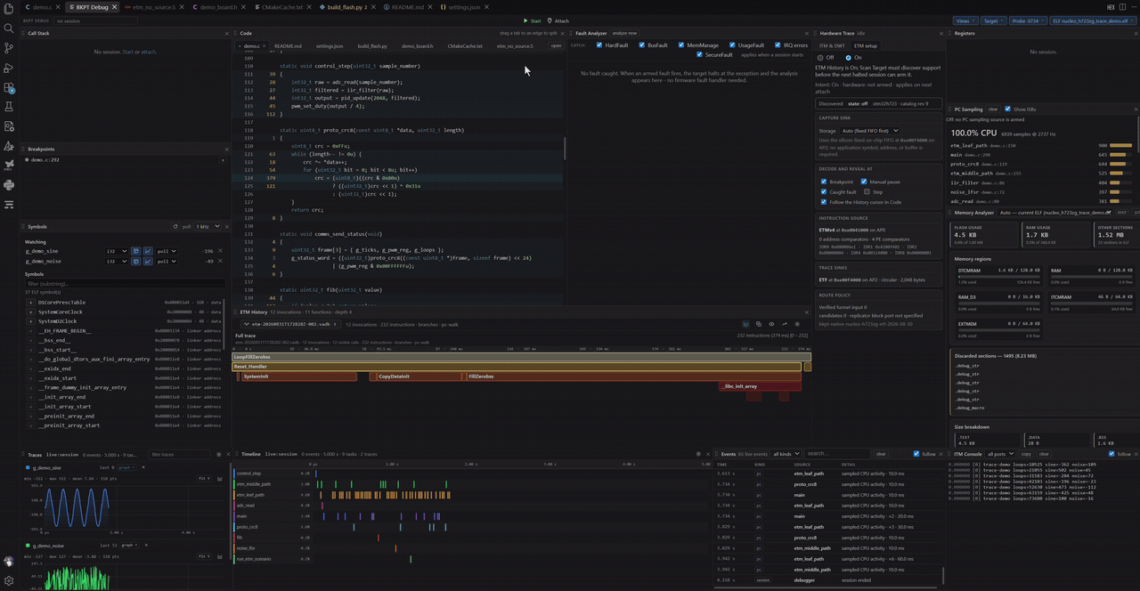 Debugging an STM32 live with code, faults, PC sampling, ETM history, flame graph, timeline, events, symbols, and memory analysis